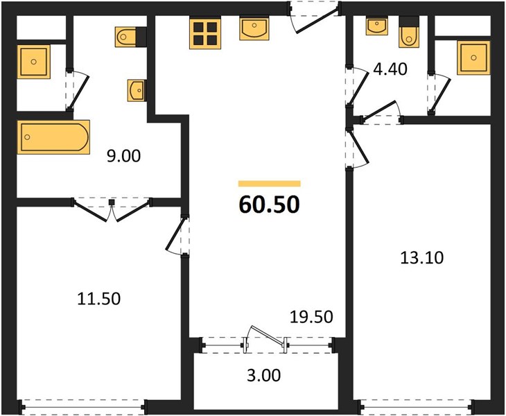 Планировка 2 спальни 60,5 м², ЖК Proud Residence