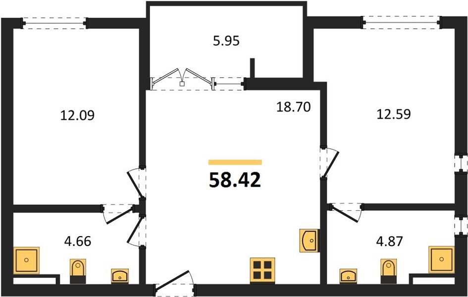 Планировка 2 спальни 58,4 м², ЖК THE TITLE HALO 1