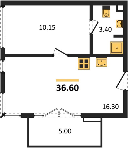 Планировка 1 спальня 36,6 м², ЖК Royal Lee