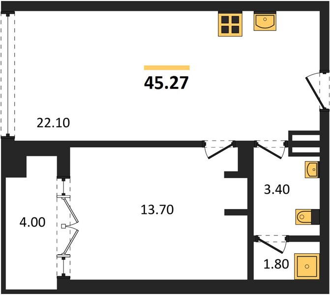 Планировка 1 спальня 45,3 м², ЖК HARMONY