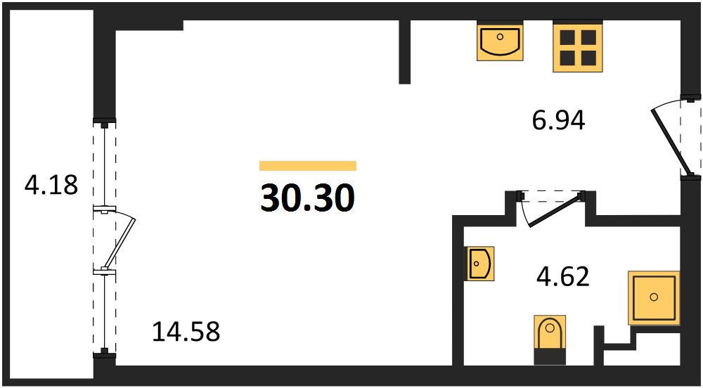 Планировка Студия 30,3 м², ЖК Layan Green Park (Лаян Грин Парк)