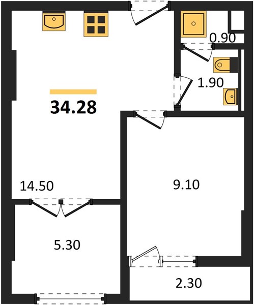 Планировка 1 спальня 34,3 м², ЖК The Base Bukit