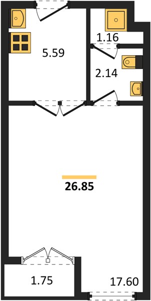 Планировка 1 спальня 26,9 м², ЖК The Origin Kathu Patong