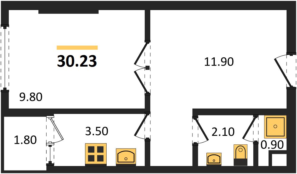 Планировка 1 спальня 30,2 м², ЖК The Base Bukit