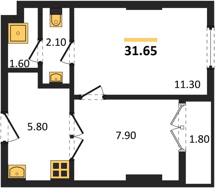 Планировка 1 спальня 31,7 м², ЖК The Base Rise