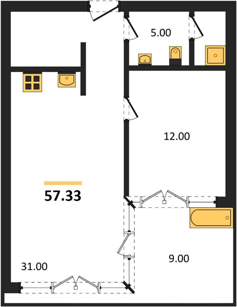 Планировка 1 спальня 57,3 м², ЖК Saturdays Residence Condo