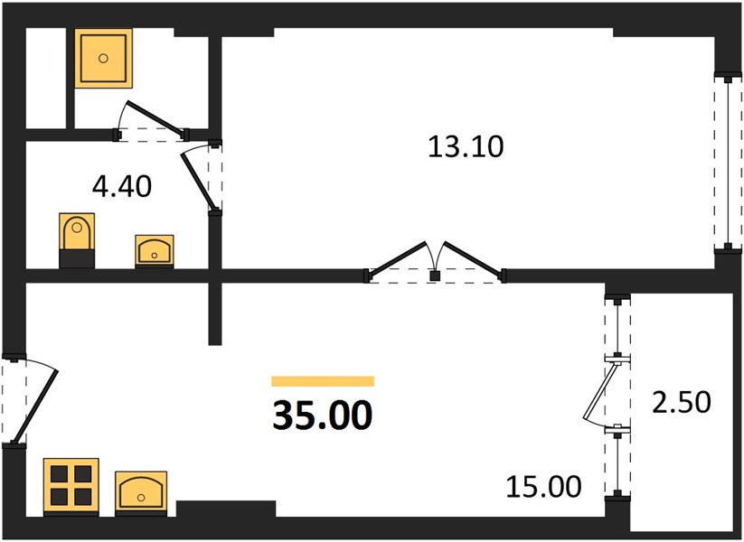 Планировка 1 спальня 35 м², ЖК Proud Residence