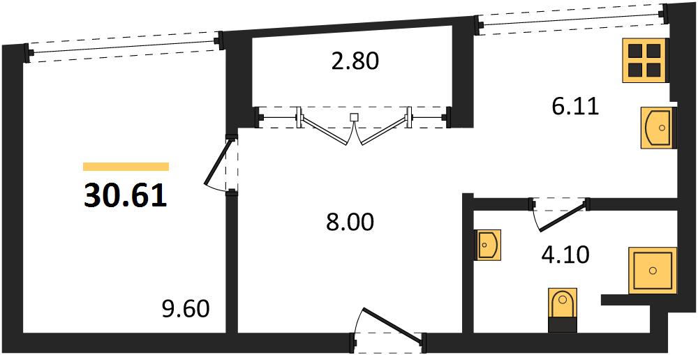 Планировка 1 спальня 30,6 м², ЖК Palmetto Park Condominium