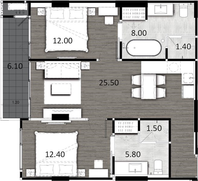 Планировка 2 спальни 72,5 м², ЖК The Marin Phuket
