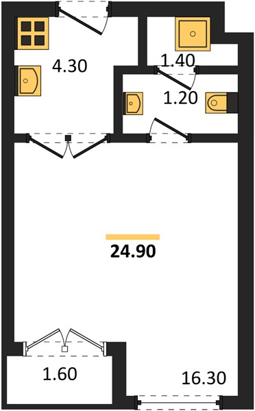 Планировка Студия 24,9 м², ЖК The Base Rise