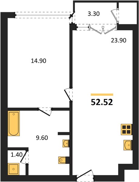 Планировка 1 спальня 52,5 м², ЖК The Marin Phuket