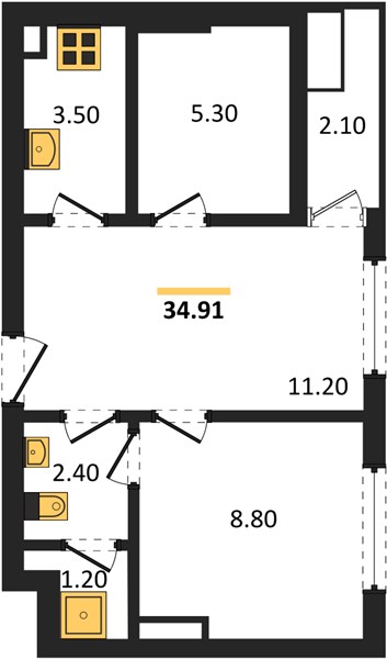 Планировка 1 спальня 34,9 м², ЖК The Base Rise