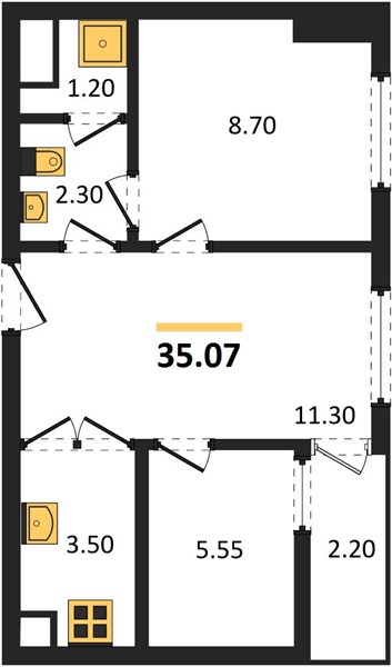 Планировка 2 спальни 35,1 м², ЖК The Base Rise