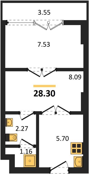 Планировка 2 спальни 28,3 м², ЖК The Origin Kathu Patong