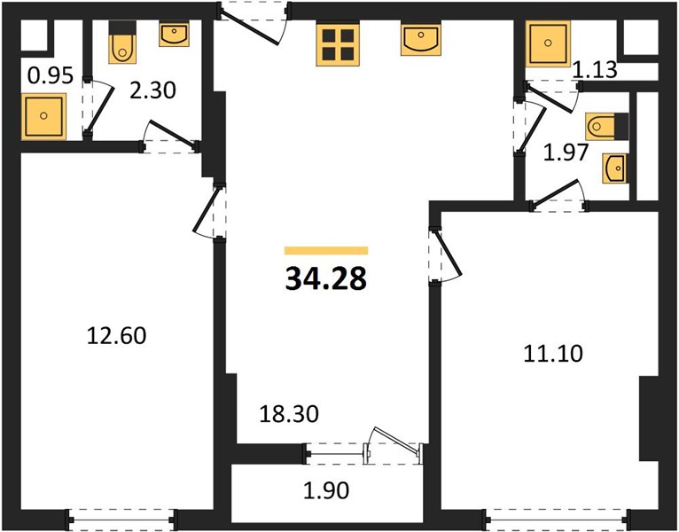 Планировка 2 спальни 34,3 м², ЖК The Base Bukit