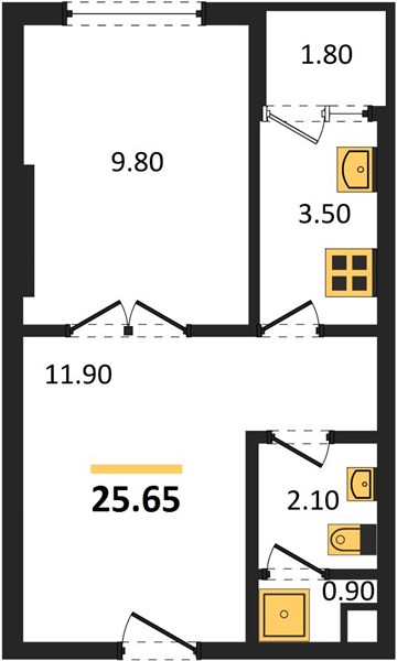 Планировка 1 спальня 25,7 м², ЖК The Base Bukit