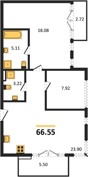 Планировка 2 спальни 66,6 м², ЖК Royal Lee