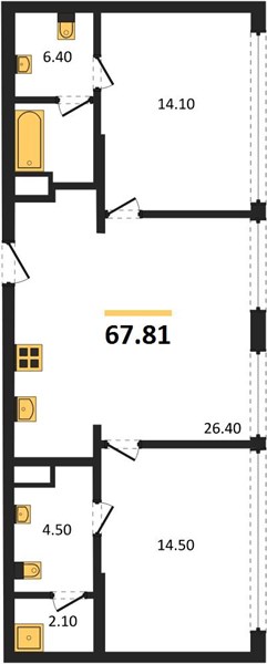 Планировка 2 спальни 67,8 м², ЖК HARMONY