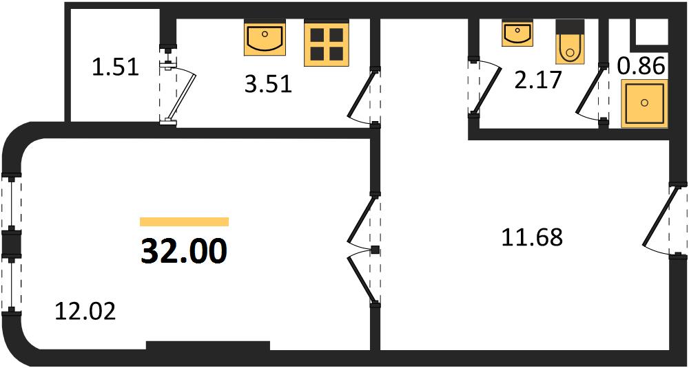 Планировка 1 спальня 32 м², ЖК The Base Bukit