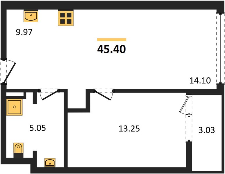 Планировка 1 спальня 45,4 м², ЖК Layan Green Park (Лаян Грин Парк)