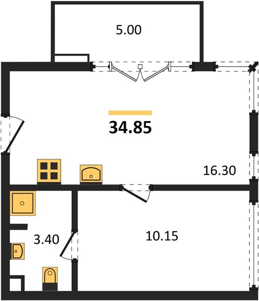 Планировка 1 спальня 34,9 м², ЖК Royal Lee