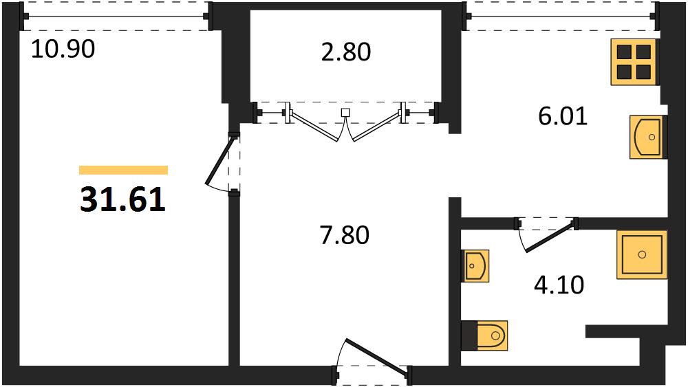 Планировка 1 спальня 31,6 м², ЖК Palmetto Park Condominium