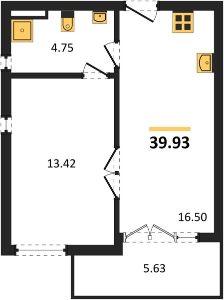 Планировка 1 спальня 39,9 м², ЖК THE TITLE HALO 1