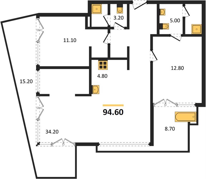 Планировка 2 спальни 94,6 м², ЖК Saturdays Residence Condo