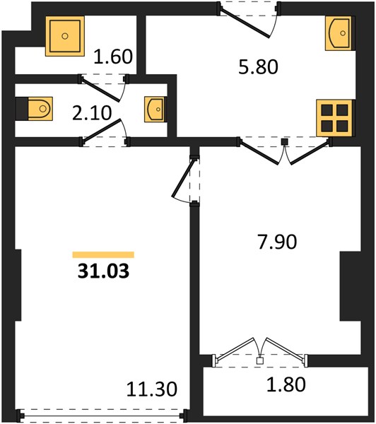 Планировка 1 спальня 31 м², ЖК The Base Rise