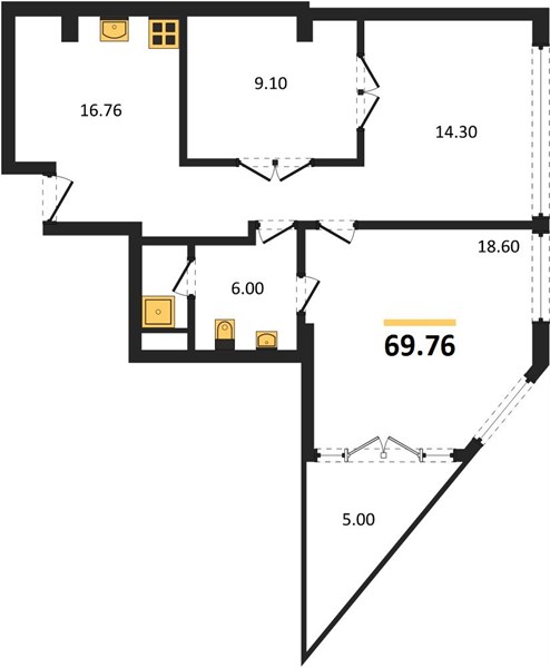 Планировка 2 спальни 69,8 м², ЖК Proud Rawai Condominium